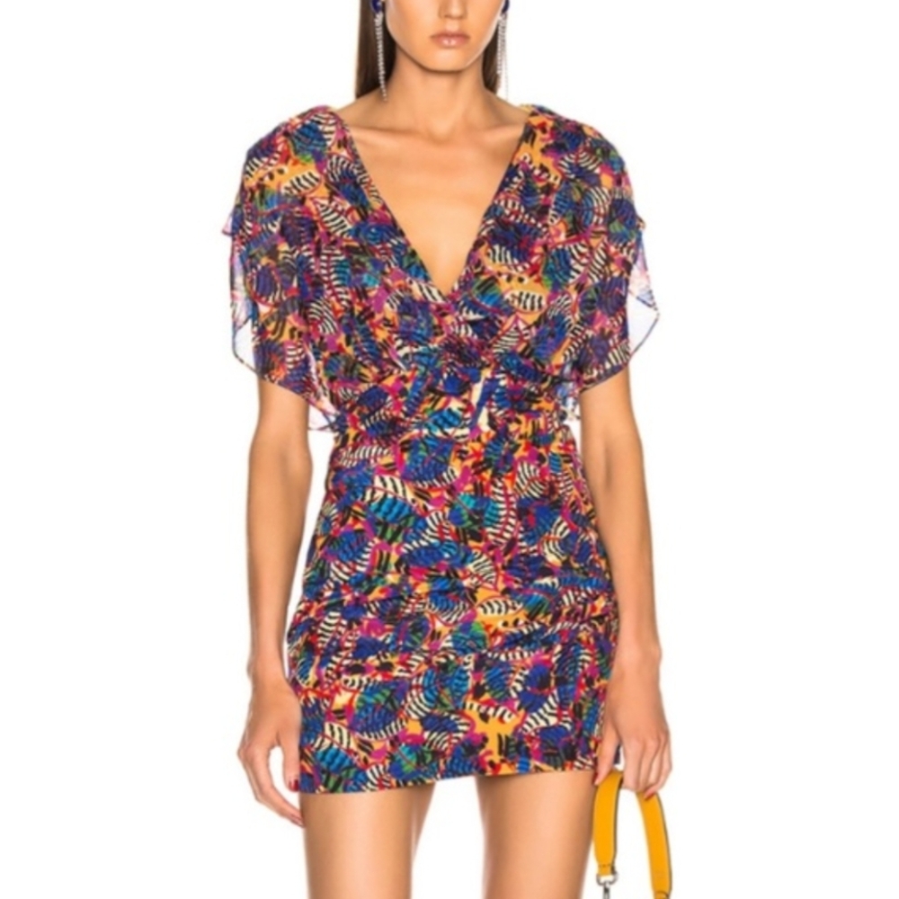 SALONI Silk Mini Dress XS - Gold Multicolor Floral Banana Leaf Wrap V-neck